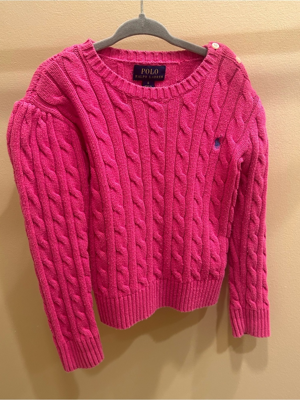 Polo by Ralph Lauren Hot Pink Cable-Knit Crewneck Sweater 100% Cotton Kids 6